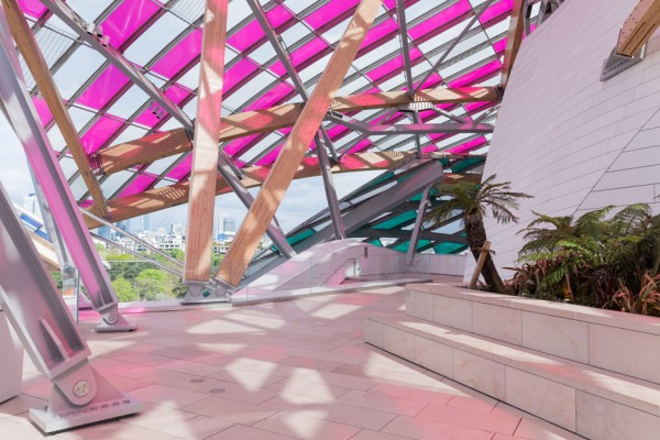 Observatory of Light multicoloured glass installation by Daniel Buren at the Fondation Louis Vuitton by Frank Gehry in Paris, France