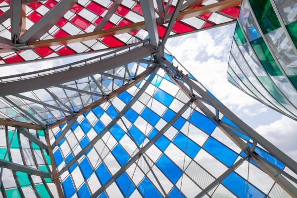 Observatory of Light multicoloured glass installation by Daniel Buren at the Fondation Louis Vuitton by Frank Gehry in Paris, France