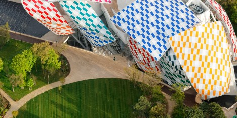 Observatory of Light multicoloured glass installation by Daniel Buren at the Fondation Louis Vuitton by Frank Gehry in Paris, France