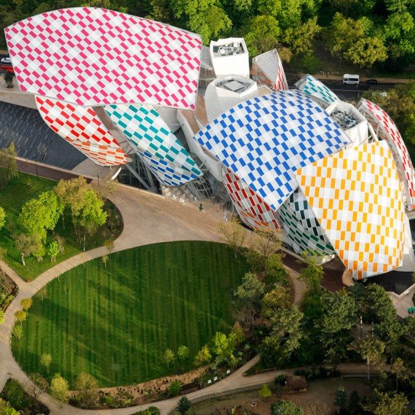 Observatory of Light multicoloured glass installation by Daniel Buren at the Fondation Louis Vuitton by Frank Gehry in Paris, France