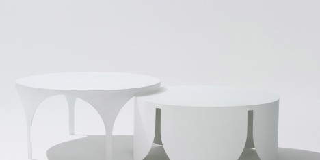 White coated steel coffee tables designed by Boardgrove Architects