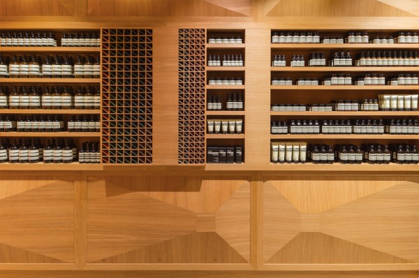 Aesop store in Oslo designed by Snøhetta covered with three dimensional oak panels