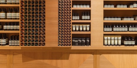 Aesop store in Oslo designed by Snøhetta covered with three dimensional oak panels