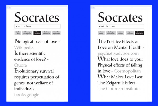 The Socrates Search Engine by Ted Hunt combines google search with Ancient questioning philosophies