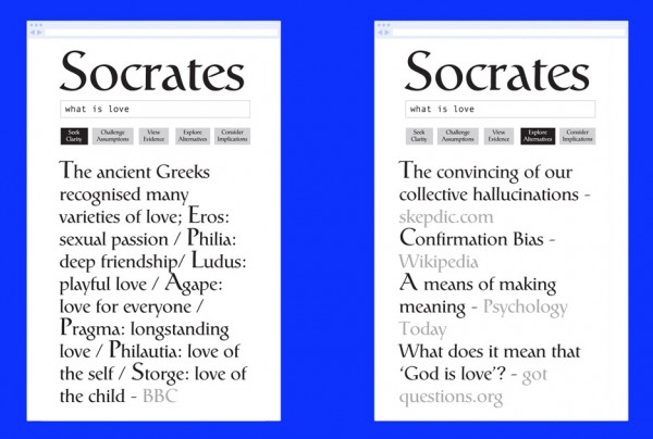 The Socrates Search Engine by Ted Hunt combines google search with Ancient questioning philosophies