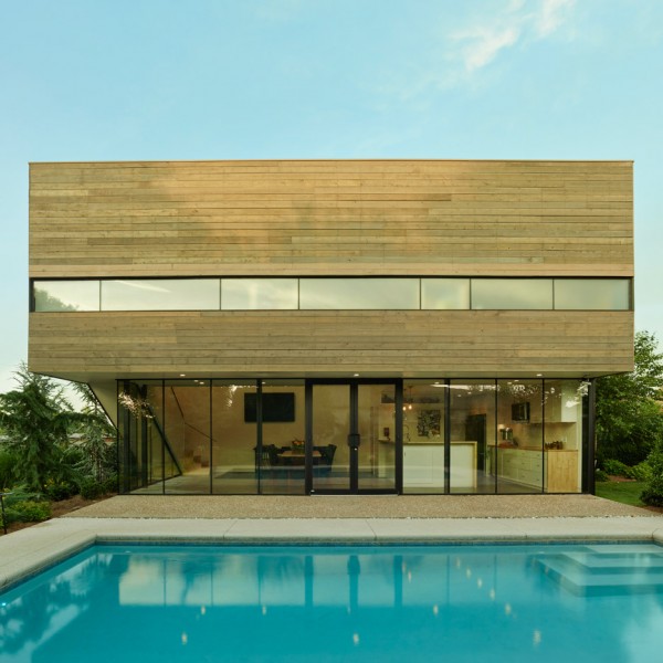 Sleeping alcove projects from Arkansas pool house by Marlon Blackwell