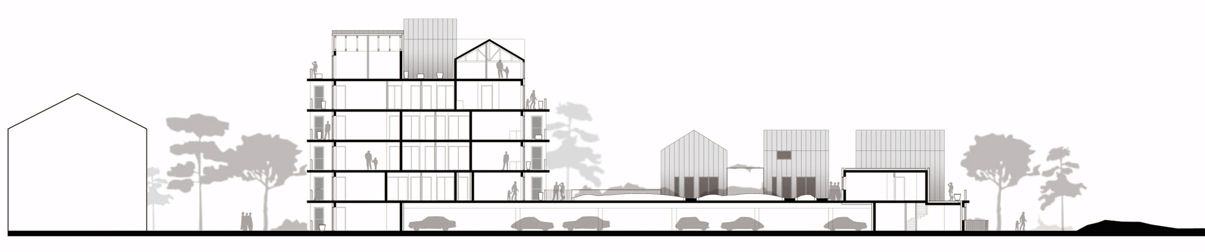Gabled penthouses sit atop apartment blocks at Bordeaux housing scheme