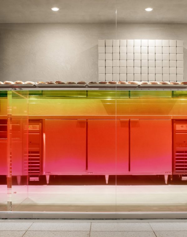 Sunset-hued counter welcomes customers at Tokyo cheese tart shop