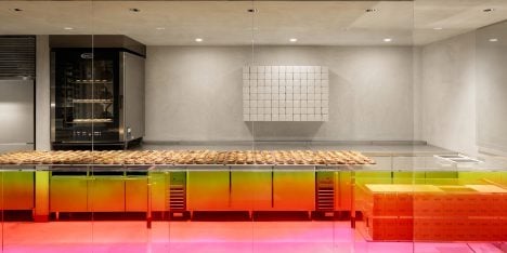 Sunset-hued counter welcomes customers at Tokyo cheese tart shop