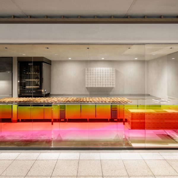 Sunset-hued counter welcomes customers at Tokyo cheese tart shop