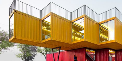 Stacked shipping containers form temporary pavilion by People's Architecture Office