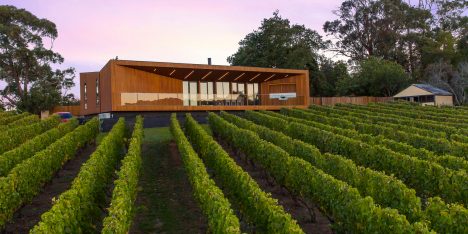 Red Hill Residence by Finnis Architects has a funnel-shaped deck overlooking a winery