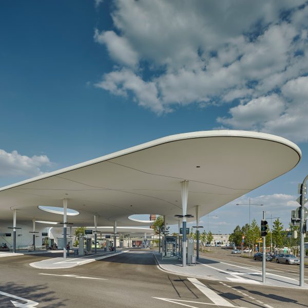 Shell-like roofs provide shelter at Pforzheim Central Bus Station
