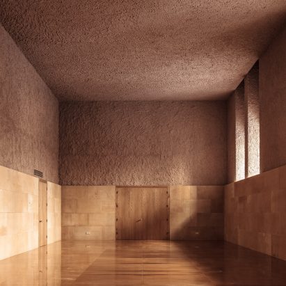 Coarse coral-pink plaster lends furry appearance to Antonino Cardillo’s Sicilian grotto