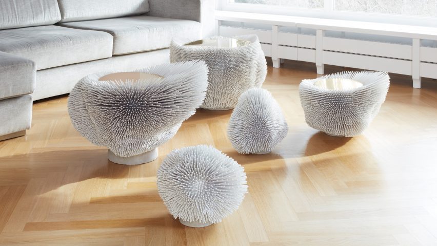 Beech rods turned into spiky furniture by Pia Maria Raeder