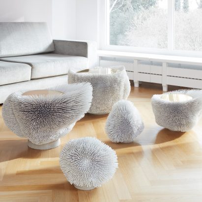 Beech rods turned into spiky furniture by Pia Maria Raeder