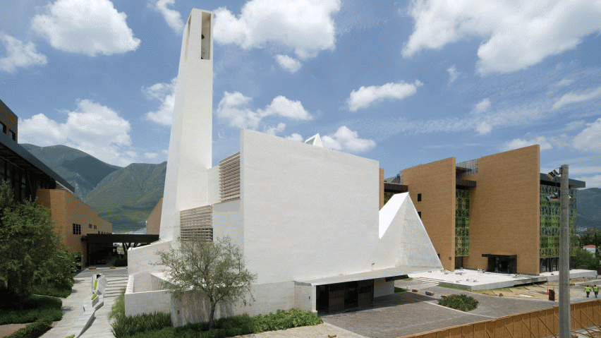 Crystalline church by Moneo Brock stands against mountains in Monterrey