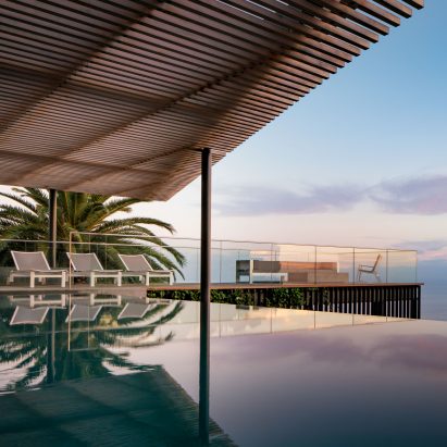 Malibu Hillside pool and terrace frame Pacific Ocean views