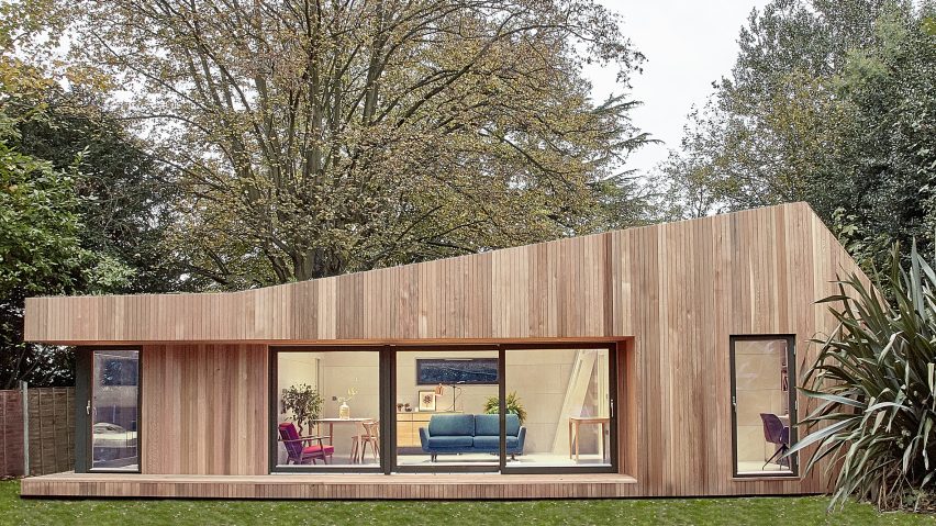 Prefabricated garden studio in south London is clad in cedar and lined in birch