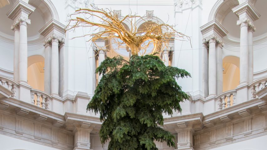 Upside-down Christmas tree suspended from Tate Britain ceiling