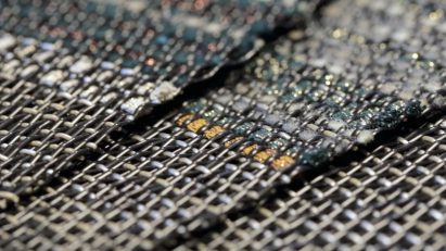 Samples of Bolon flooring combining vinyl with other textiles