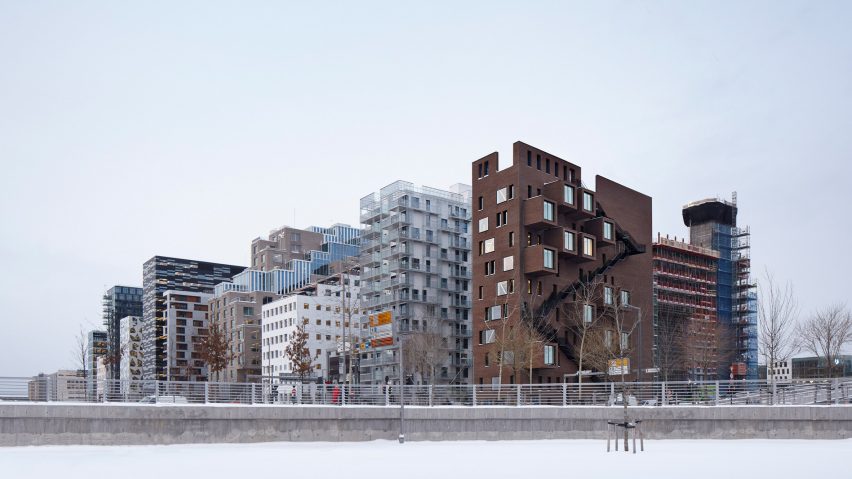 Red-brick boxes pop out of A-Lab’s narrow office block on Oslo waterfront