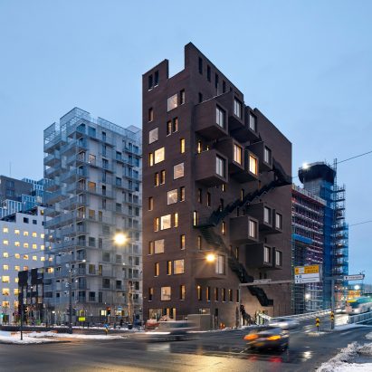 Red-brick boxes pop out of A-Lab’s narrow office block on Oslo waterfront