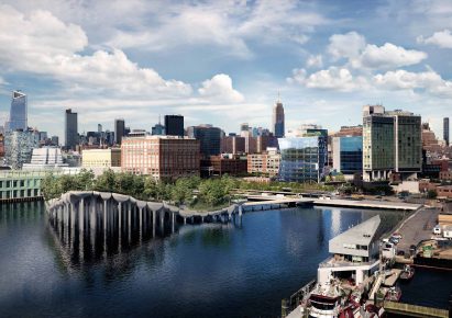 View from river of Studio Gang's Solar Carve Tower for New York