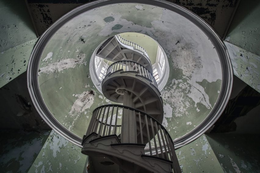 Administration Building Spiral Staircase Matt Van der Velde Architecture Abandoned Asylums Interior Jonglez Publishing