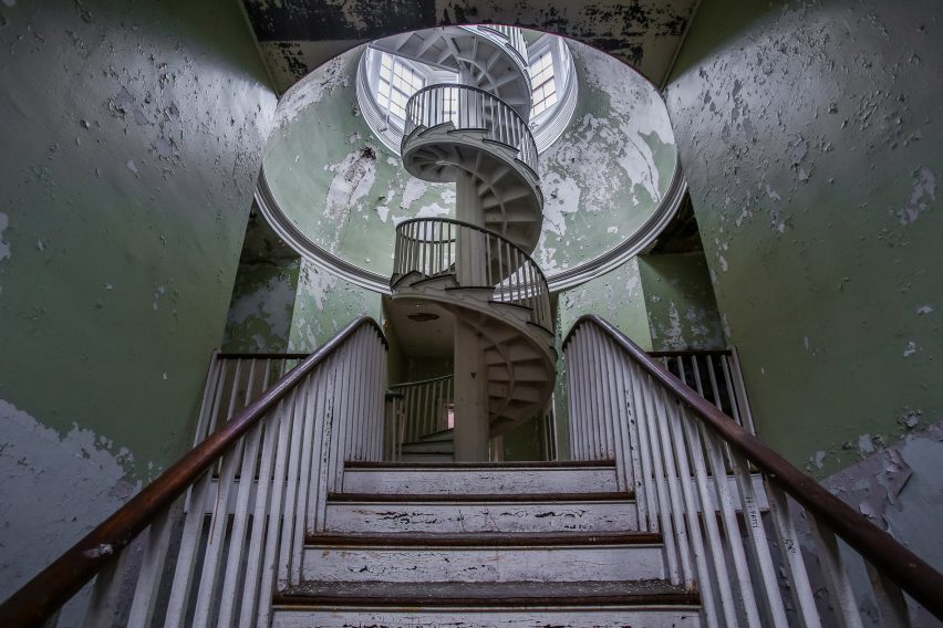 Administration Building Spiral Staircase Matt Van der Velde Architecture Abandoned Asylums Interior Jonglez Publishing
