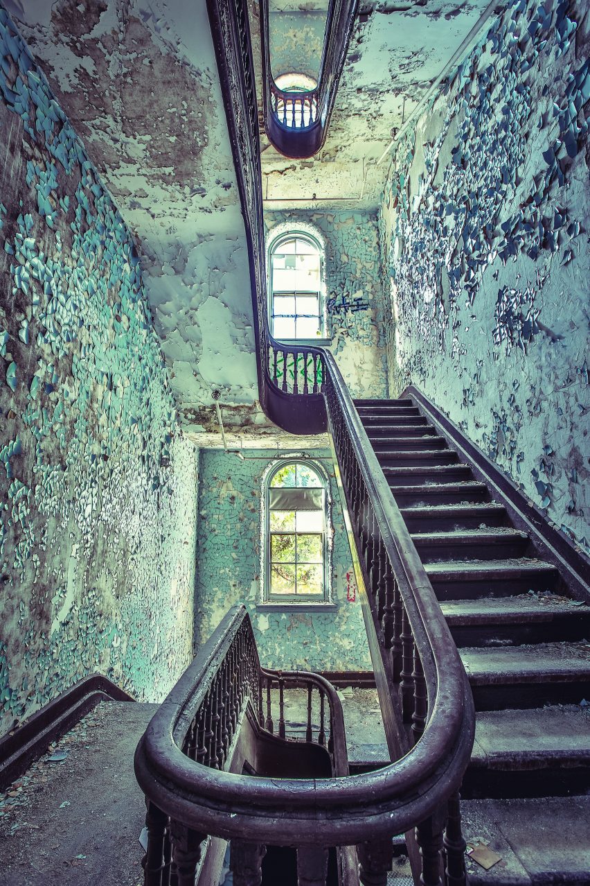 Administration Building Spiral Staircase Matt Van der Velde Architecture Abandoned Asylums Interior Jonglez Publishing