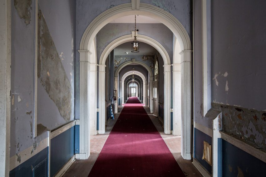 Administration Red Carpet Hallway Matt Van der Velde Architecture Abandoned Asylums Interior Jonglez Publishing