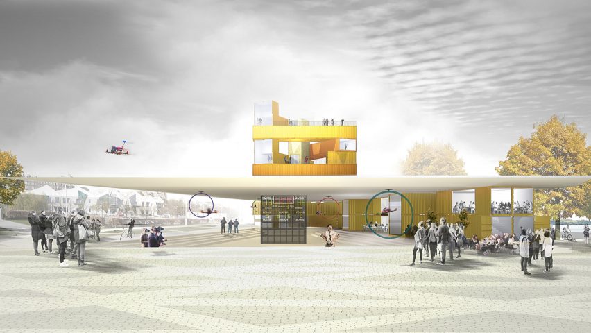 Studioshaw proposes drone-racing arena and shipping-container offices for Dundee waterfront