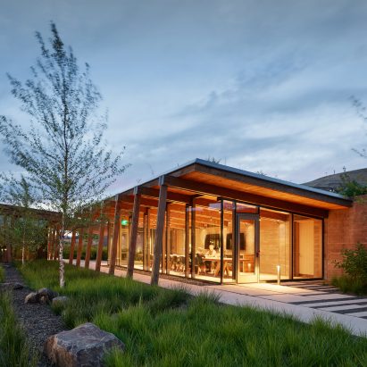 Exterior dusk view of Washington Fruit Produce HQ Graham Baba Architects