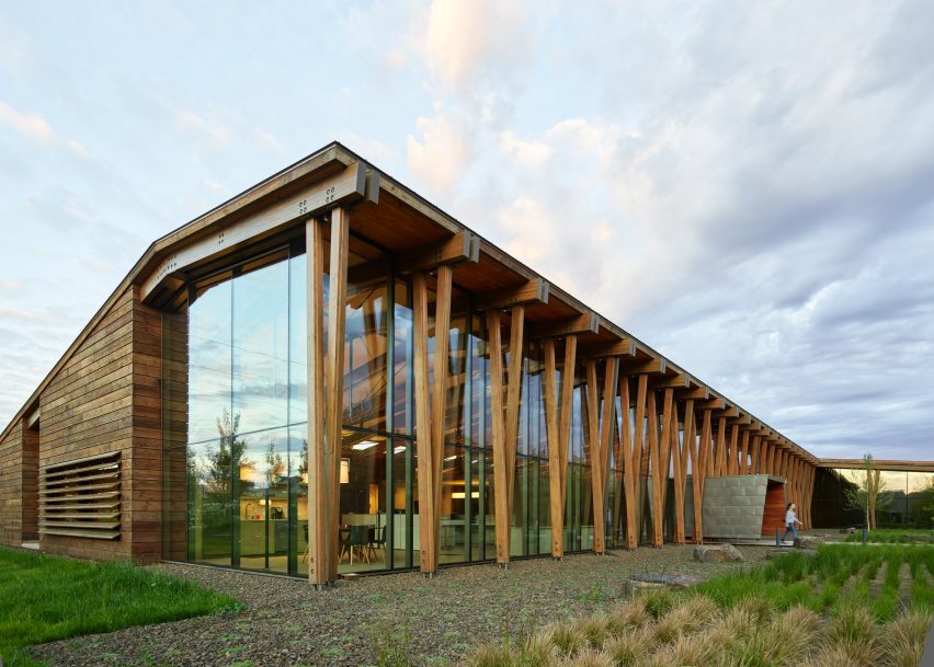 Exterior dusk view of Washington Fruit Produce HQ Graham Baba Architects