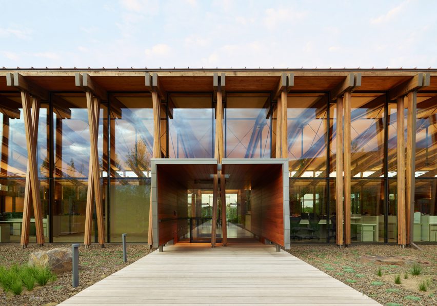Exterior dusk view of Washington Fruit Produce HQ Graham Baba Architects