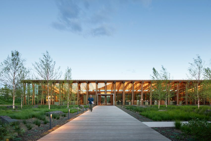 Exterior dusk view of Washington Fruit Produce HQ Graham Baba Architects
