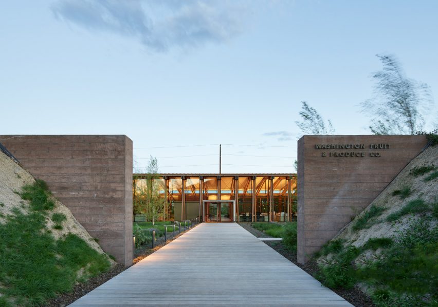 Exterior dusk view of Washington Fruit Produce HQ Graham Baba Architects