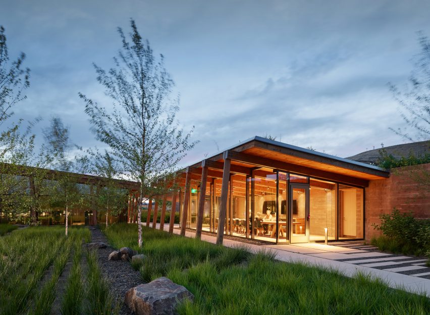 Exterior dusk view of Washington Fruit Produce HQ Graham Baba Architects
