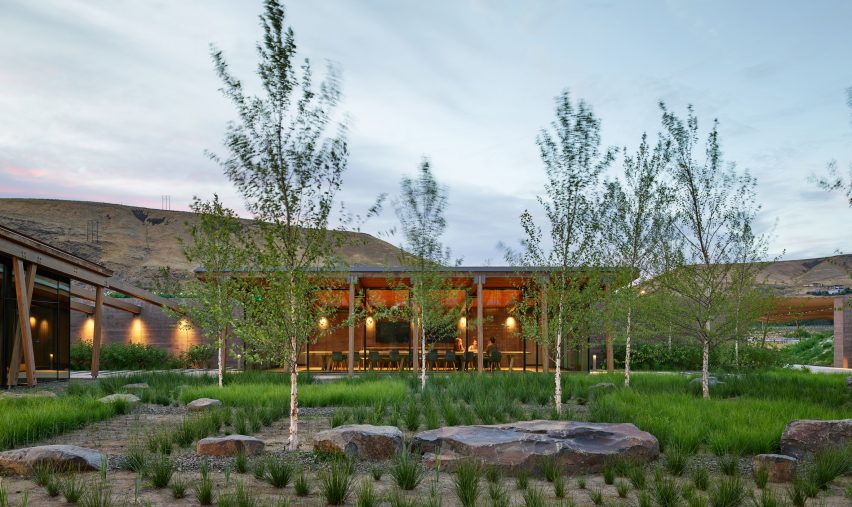 Exterior dusk view of Washington Fruit Produce HQ Graham Baba Architects