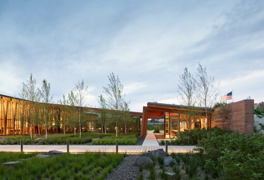 Exterior dusk view of Washington Fruit Produce HQ Graham Baba Architects