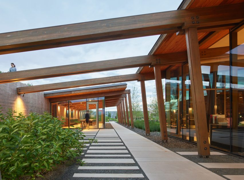 Exterior dusk view of Washington Fruit Produce HQ Graham Baba Architects