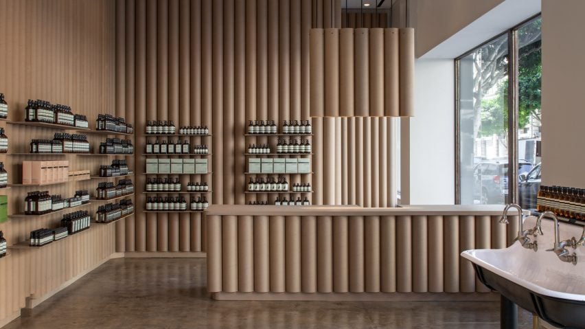 Brooks + Scarpa recycles cardboard tubes and paper for Los Angeles Aesop store interior