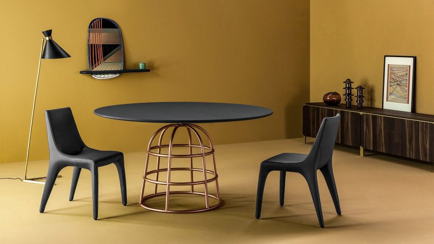 Alain Gilles’ Mass tables rest on wireframe-style metal bases