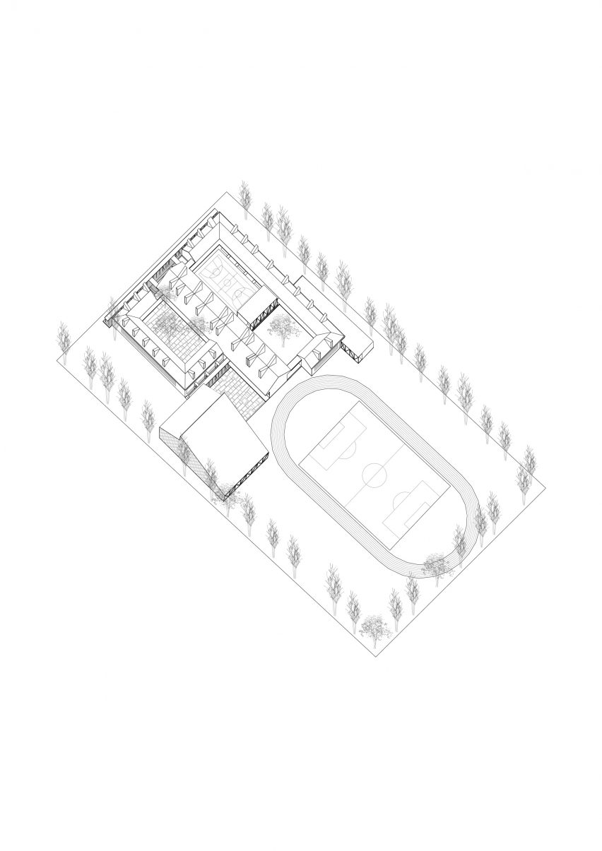 Axonometric for Jean Mermoz School and Pavilion by Guillermo Hevia García and Nicolás Urzúa Soler