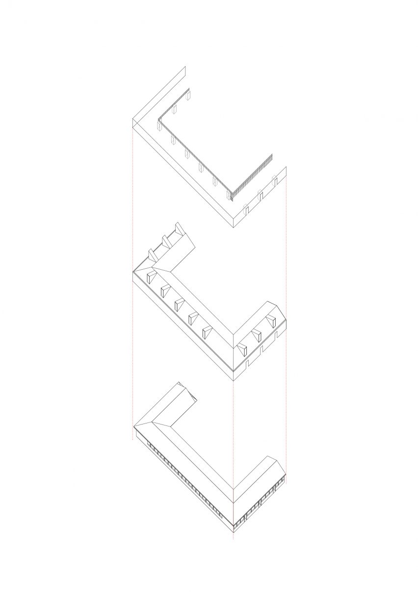 Axonometric for Jean Mermoz School and Pavilion by Guillermo Hevia García and Nicolás Urzúa Soler