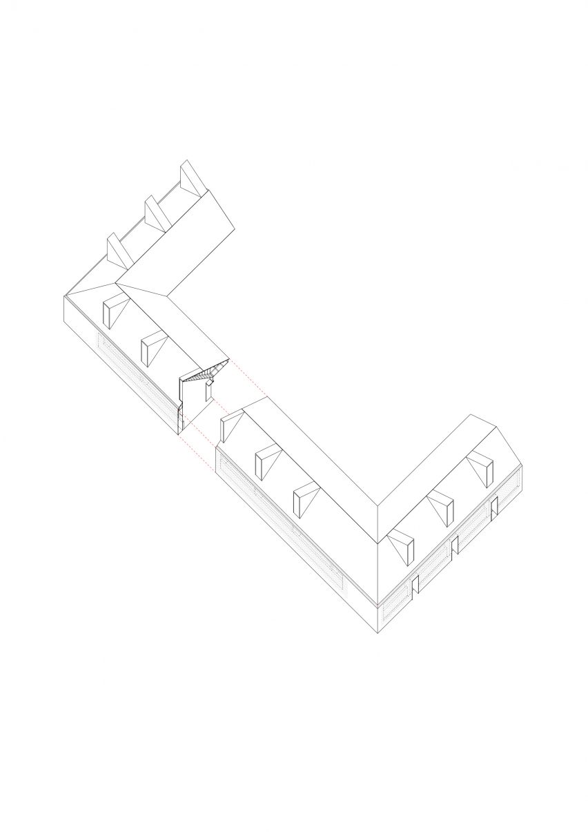 Axonometric for Jean Mermoz School and Pavilion by Guillermo Hevia García and Nicolás Urzúa Soler