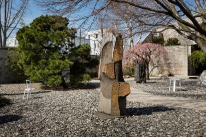 Robert Stadler, Rest in Peace #2, courtesy of the artist; Isamu Noguchi, Behind Inner Seeking Shiva Dancing; Robert Stadler, Rest in Peace #2 (table), courtesy of the artist