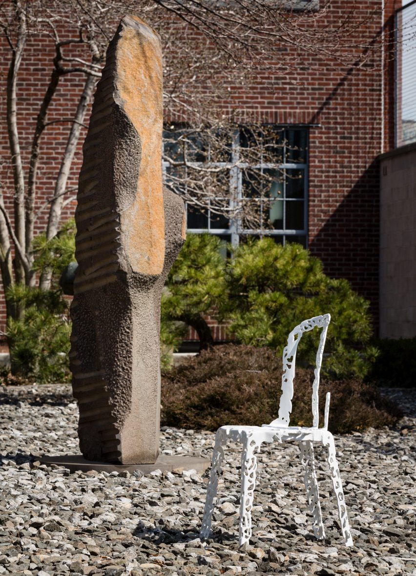 Isamu Noguchi, Behind Inner Seeking Shiva Dancing; Robert Stadler, Rest in Peace #2 (chair), courtesy of the artist