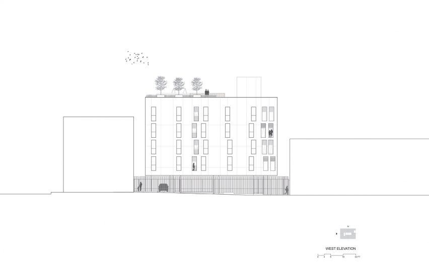 West elevation plan for The Six by Brooks + Scarpa